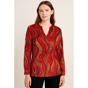 Tru Luxe Jeans Boho Velvet Blouse M Red Gold Wavy Pattern Long Sleeve Tunic Top
